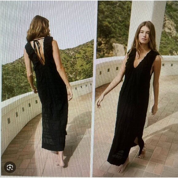 Free People Black Crinkled Cotton Sleeveless Dress With Deep V-Neck & Tie-Back - Picture 1 of 16